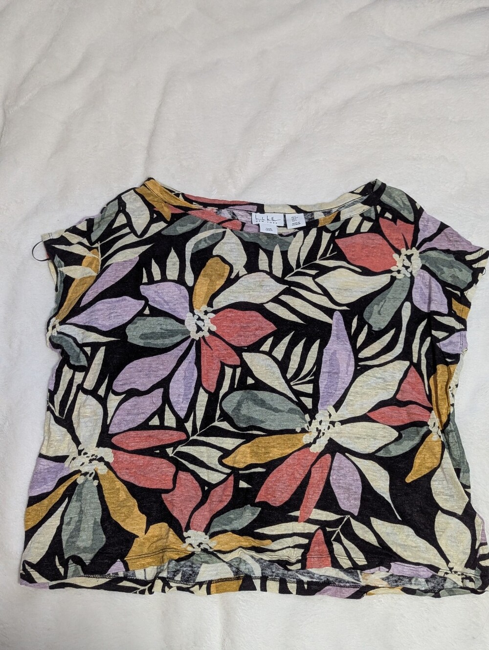 Nicole Miller 100% Linen Floral Print Relaxed Dolman Top Multicolor